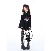 Sweet Punk Style Black Off-shoulder Hooded Sweatshirt Black kawaii