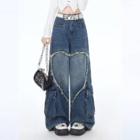 Jeans droits brodés de cœurs aimants de style girly américain Kawaii américain
