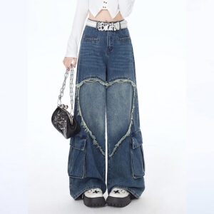 Прямые джинсы с вышивкой «Любящее сердце» в американском девчачьем стиле Американский каваи