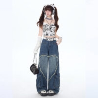 American Girly Style Loving Heart Embroidery Straight Jeans American kawaii