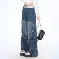 American Girly Style Loving Heart Embroidery Straight Jeans American kawaii