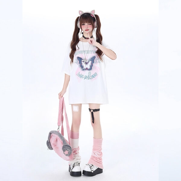 American Y2K Style Butterfly Embroidered Round Neck T-shirt American kawaii