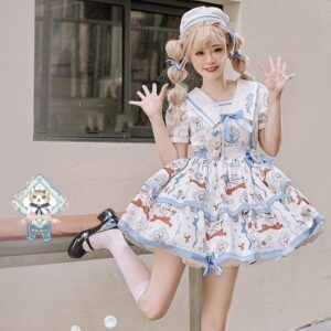 Kawaii niebieska kreskówka granatowy nadruk kota sukienka Lolita niebieska kawaii