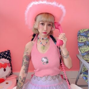 Kawaii japońska kamizelka z nadrukiem w stylu Y2K Hello Kitty Harajuku kawaii