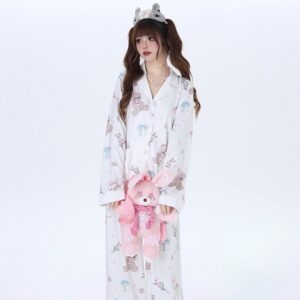 Conjunto de pijama com estampa de urso kawaii macio estilo menina urso kawaii