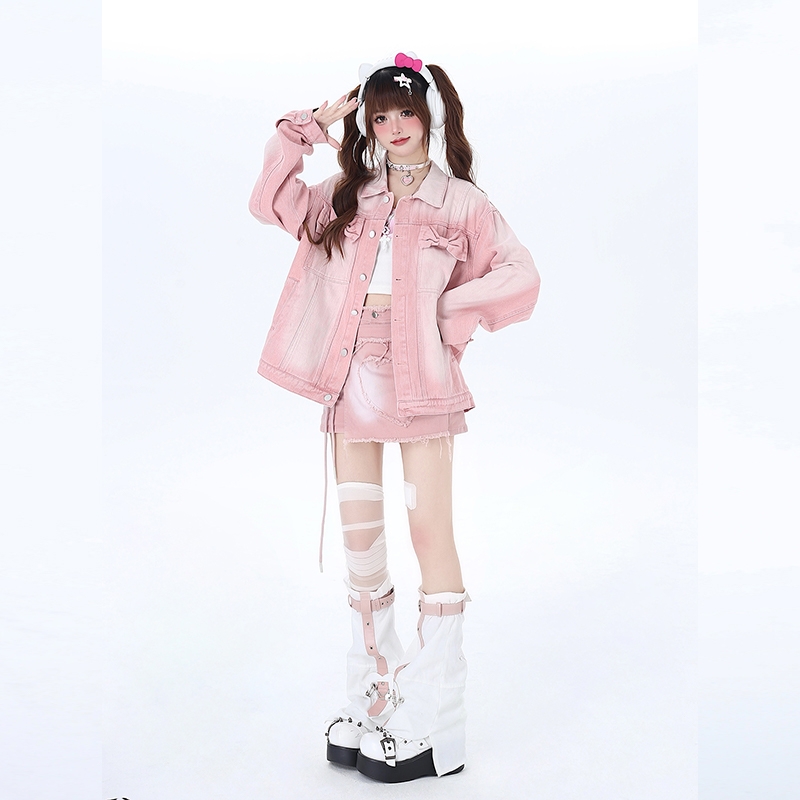 Kawaii süße rosa Jeansjacke im Dopamin-Stil