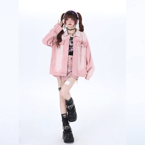 Kawaii süße rosa Jeansjacke im Dopamin-Stil Jeansjacke kawaii