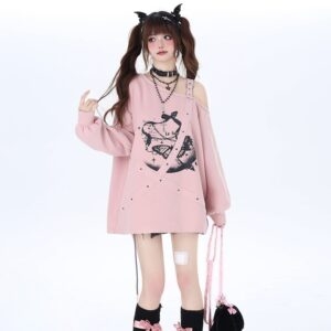 Kawaii lief girly-stijl off-shoulder sweatshirt met bandjes Zwarte kawaii