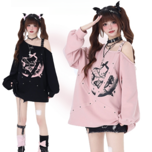 Kawaii zoete girly stijl off-shoulder sweatshirt met bandjes Zwart kawaii