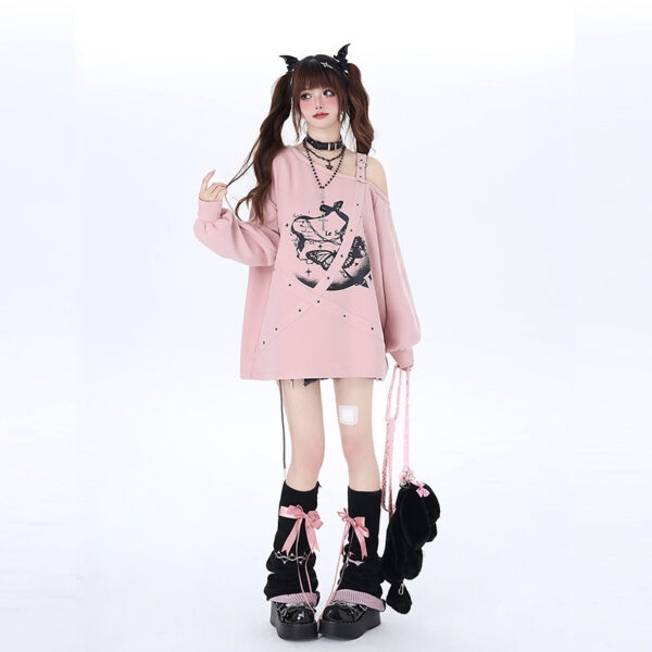 Kawaii Sweet Girly Style Off-shoulder Strappy Sweatshirt Black kawaii