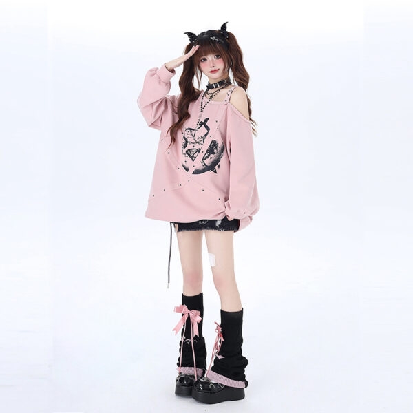Kawaii lief girly-stijl off-shoulder sweatshirt met bandjes Zwarte kawaii