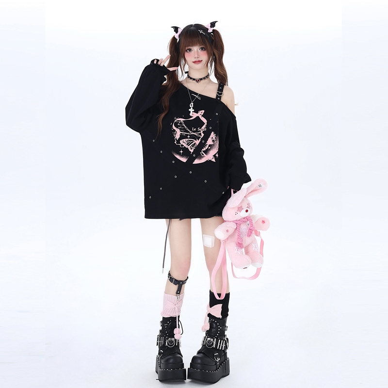 Kawaii lief girly-stijl off-shoulder sweatshirt met bandjes