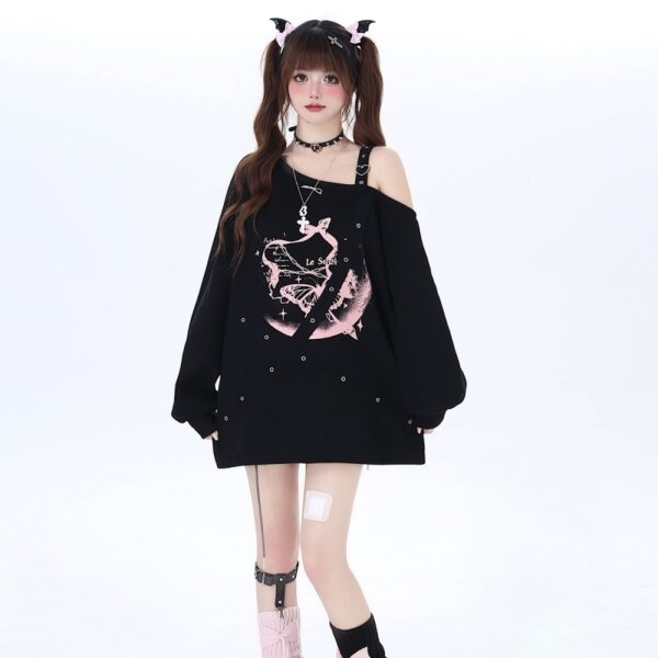 Kawaii Sweet Girly Style Off-shoulder Strappy Sweatshirt Black kawaii