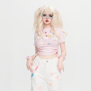 تي شيرت Kawaii Sweet Style باللون الوردي مطبوع عليه Hello Kitty ورقبة دائرية مرحبا كيتي كاواي