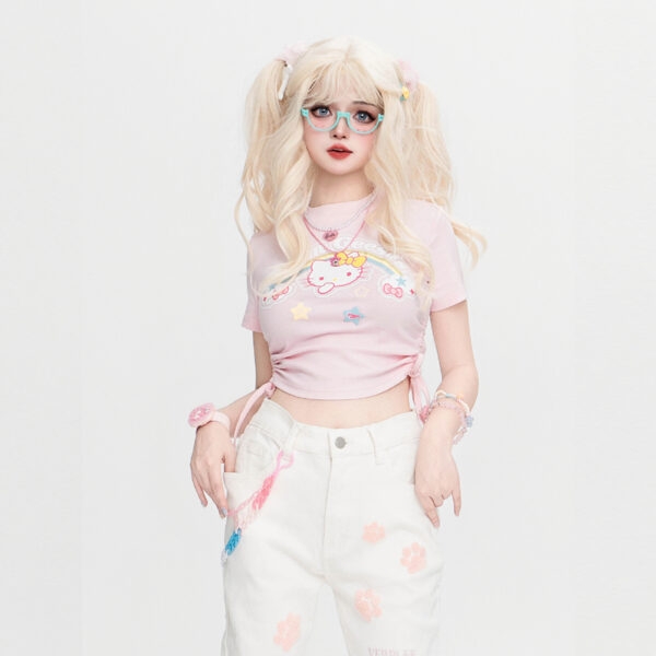 Kawaii zoete stijl roze Hello Kitty bedrukt T-shirt met ronde hals Hallo Kitty kawaii
