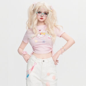 Kawaii zoete stijl roze Hello Kitty bedrukt T-shirt met ronde hals Hello Kitty kawaii