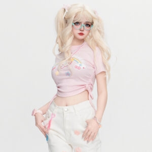 Kawaii zoete stijl roze Hello Kitty bedrukt T-shirt met ronde hals Hallo Kitty kawaii