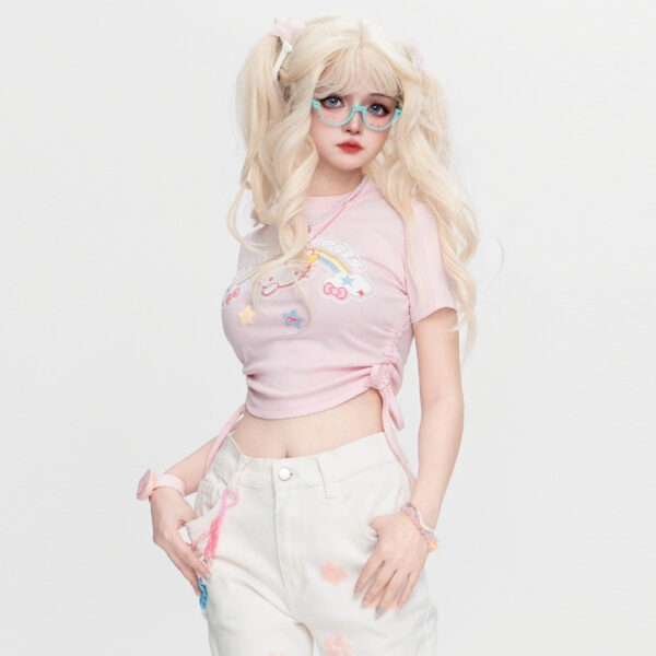 T-shirt col rond imprimé Hello Kitty rose style doux Kawaii Bonjour Kitty kawaii