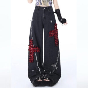 Dżinsy z prostymi, szerokimi nogawkami w stylu Punk Girl Kawaii w stylu azjatyckim
