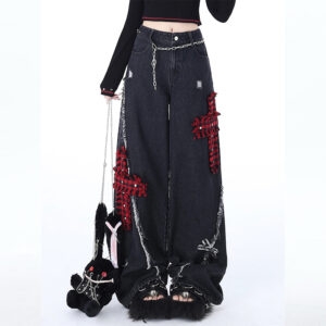 Jeans estilo punk feminino rasgado reto com perna larga estilo asiático kawaii