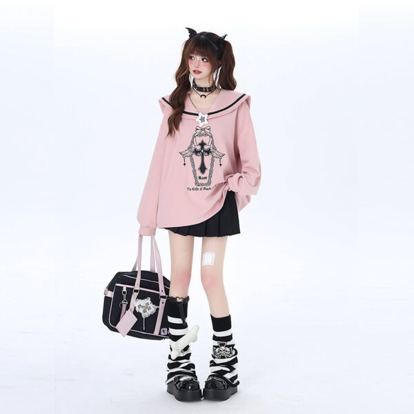 Sweat-shirt à col bleu marine style Sweet College Style collégial kawaii