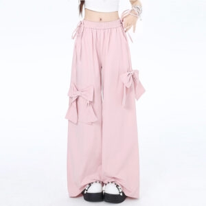 Spodnie z szerokimi nogawkami w stylu Sweet Dopamine Pink Bow Bow kawaii