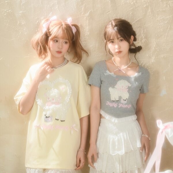 Camiseta bordada de cordeiro de desenho animado estilo feminino doce Kawaii bordado