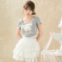 Sweet Girly Style Cartoon Lamb Embroidered T-shirt Embroidered kawaii