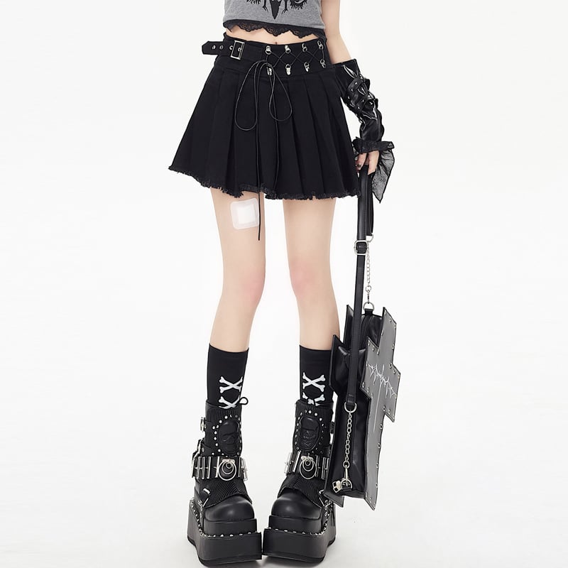 Sweet Girly Style Irregular All-match High-Waisted Pleated Skirt - black, S
