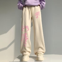 Zoete roze Hello Kitty print broek met wijde pijpen Hallo Kitty kawaii