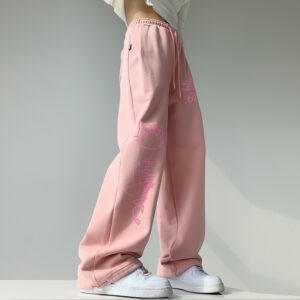 Słodkoróżowe spodnie z szerokimi nogawkami z nadrukiem Hello Kitty Hello Kitty kawaii