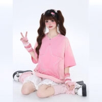 T-shirt rose à col rond, doux et doux, Style fille Kawaii américain