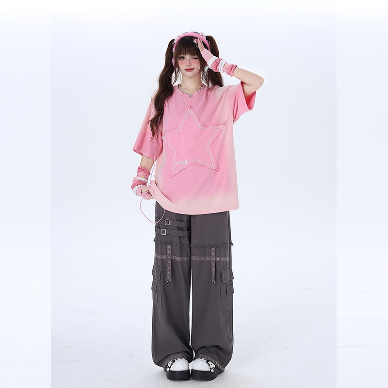 Süßes, weiches, rosa All-Match-Rundhals-T-Shirt im Mädchen-Stil