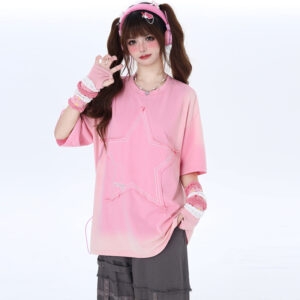 Süßes, weiches, rosa All-Match-Rundhals-T-Shirt im Girl-Stil im amerikanischen Kawaii-Stil