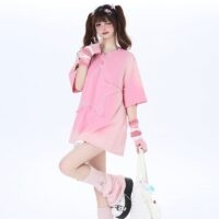T-shirt girocollo rosa dolce stile ragazza morbida Kawaii americano