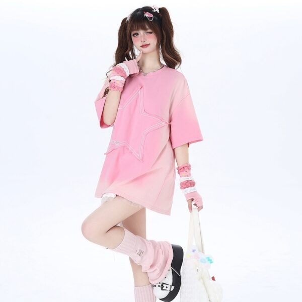 Camiseta Sweet Soft Girl Style Rosa All Match com Gola Redonda Kawaii americano