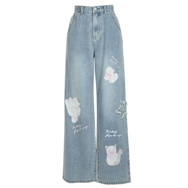 Прямые джинсы с милым мультяшным принтом Kawaii и котенком Мультфильм каваи