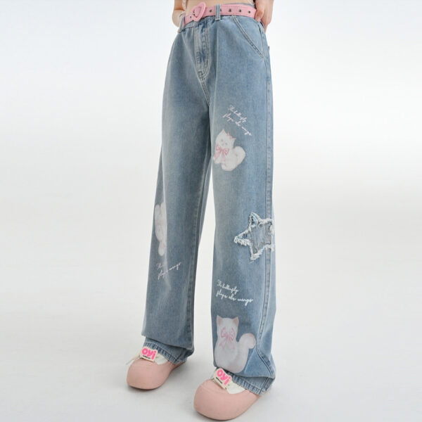 Rechte jeans met schattige cartoonkatjesprint Cartoon-kawaii