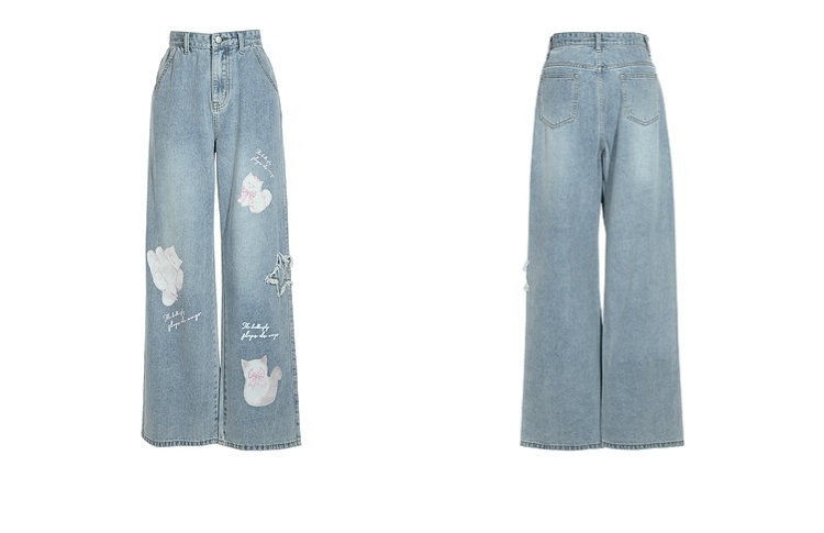 Rechte jeans met schattige cartoonkatjesprint