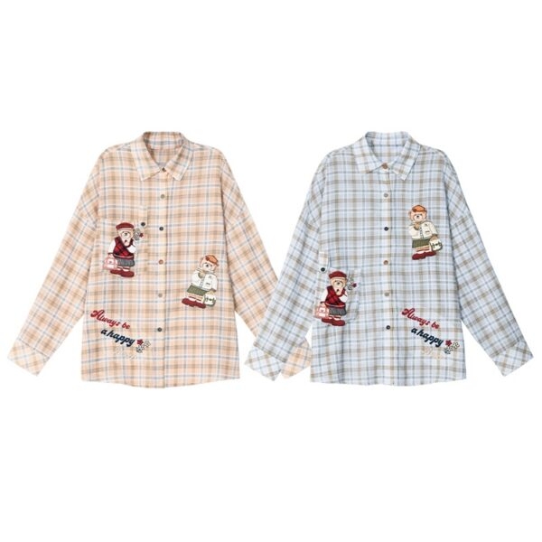 Blusa de rayas a cuadros bordada con oso estilo femenino de verano oso kawaii