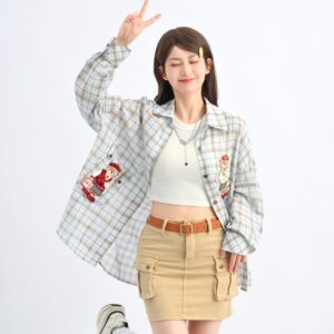 Blusa listrada xadrez bordada de urso estilo feminino de verão urso kawaii