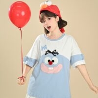 T-shirt brodé de dessin animé de style girly doux d'été Dessin animé kawaii