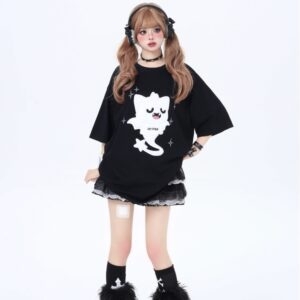 Летняя милая девчачья футболка с принтом «Призрачный кот» и мультяшным каваи