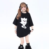 Summer Sweet Girly Style Cartoon Ghost Cat Print T-shirt Cartoon kawaii