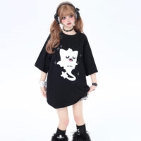 T-shirt con stampa di gatti fantasma dei cartoni animati stile dolce ragazza estiva Cartone animato kawaii