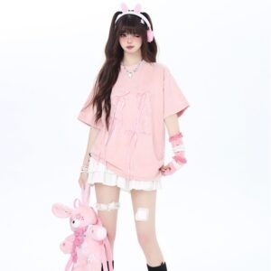 Sommer Süße Girly Stil Rosa Schleife Wildleder T-shirt rosa kawaii
