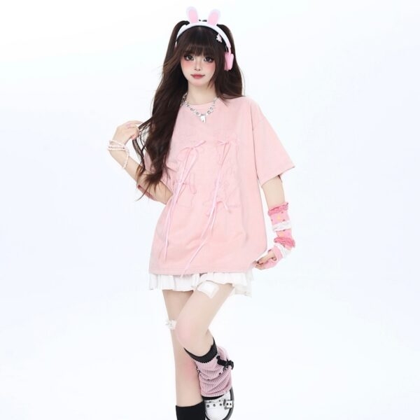 Summer Sweet Girly Style Pink Bow Suede T-shirt pink kawaii
