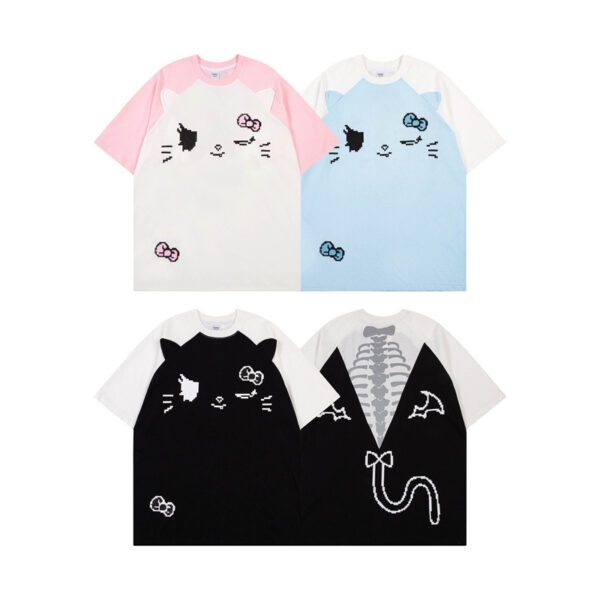 Lockeres T-Shirt im süßen Sommerstil mit kontrastierendem Katzen-Print Kontrastfarbe Kawaii