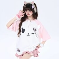 Summer Sweet Style Kontrasterande katttryck Lös T-shirt kontrasterande färg kawaii