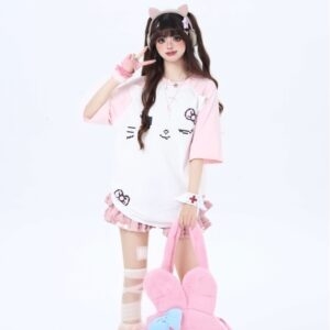 Summer Sweet Style Contrasting Cat 프린트 루즈한 티셔츠 대비 컬러 카와이